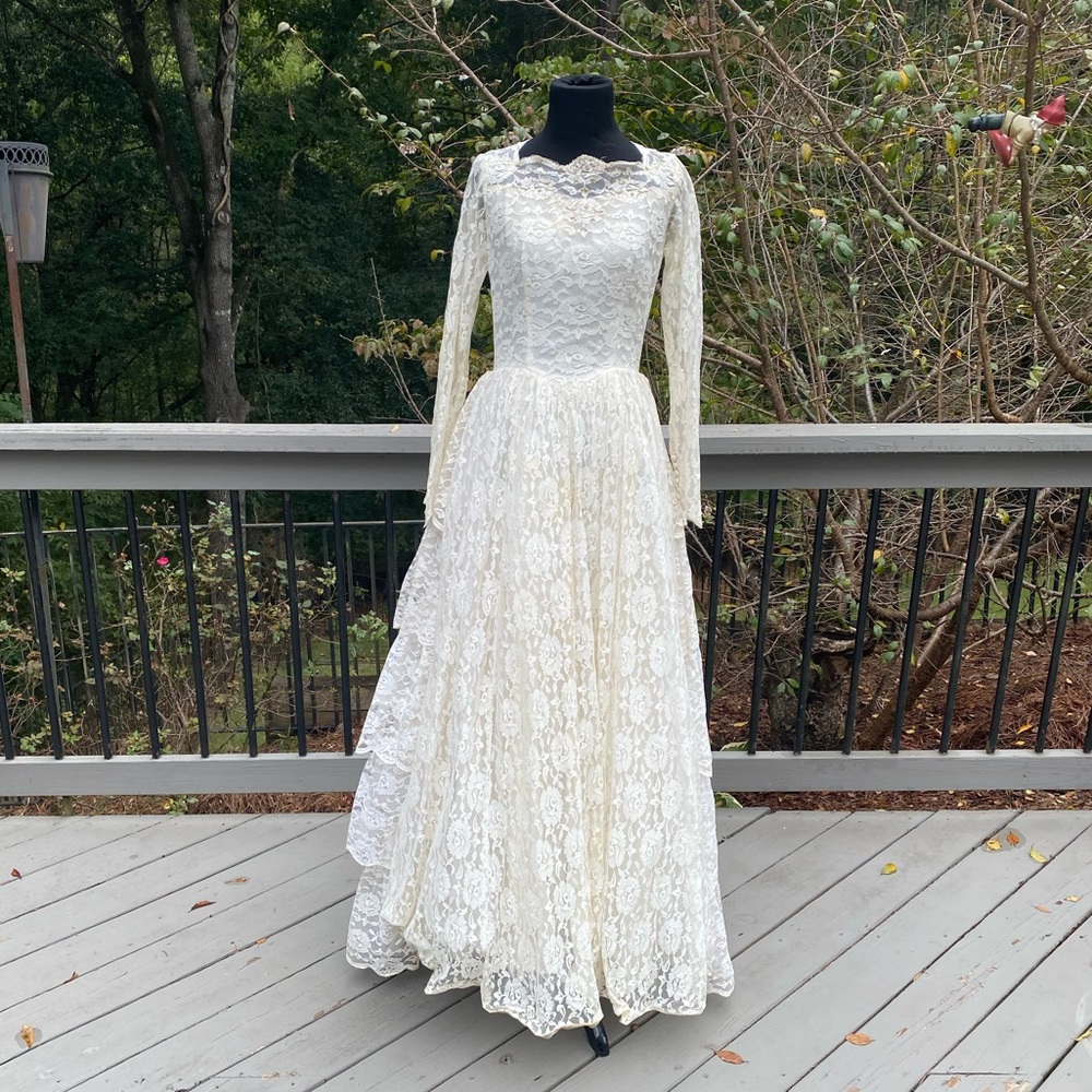 Vintage 50s Tiered Ruffle Victorian Bridgerton Queencore Regency Wedding Dress - Picture 1 of 16